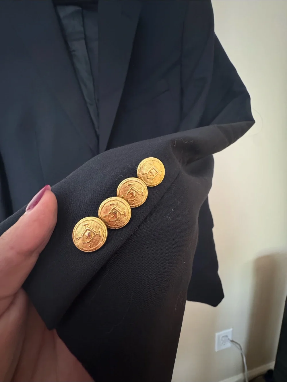 Chaps Navy Two-Button Blazer with Gold Buttons
